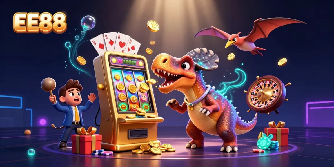 Experience jackpot excitement at EE88 with a cartoon dinosaur, slot machines, and flying coins.