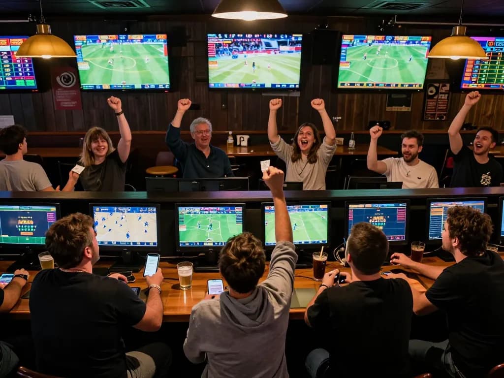Sports fans celebrating a big win while using the Ko66 betting app in a lively bar atmosphere.
