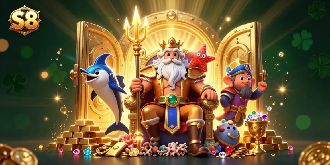 Experience the excitement of S8 with a vibrant 3D scene featuring treasure and thrilling game symbols.