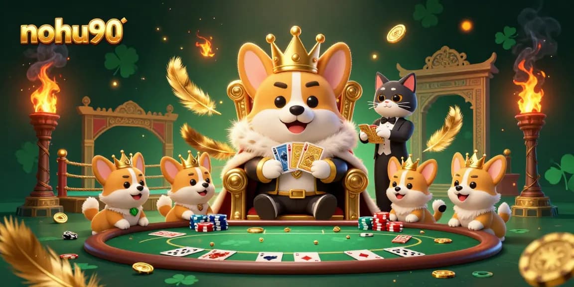 Experience the thrilling nohu90 action with a royal corgi surrounded by poker elements and vibrant effects.