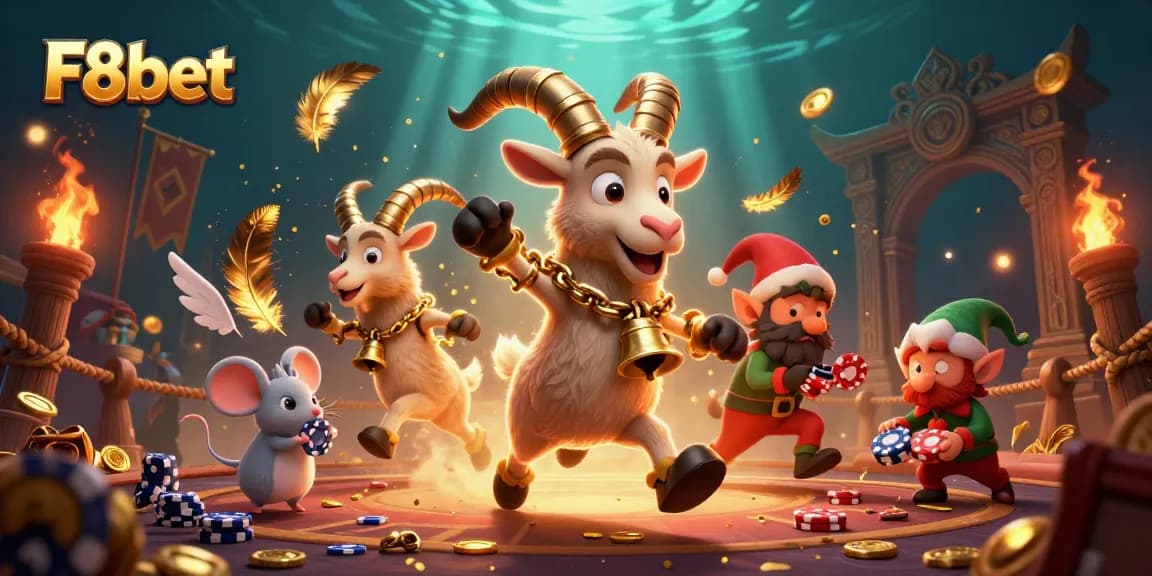 Experience thrilling gameplay at F8bet with cartoon Krampus, angel mouse, and elf gremlins in a casino chaos scene.