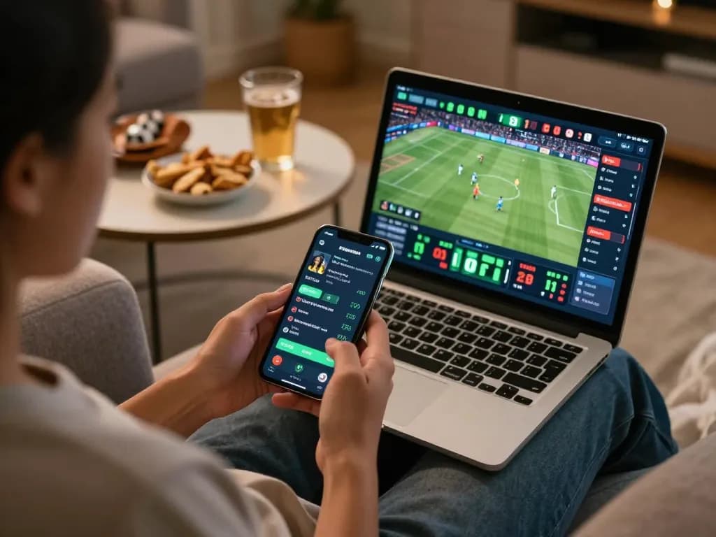 Engaging smartphone sports betting scene showcasing hit-club while placing live bets and enjoying snacks.