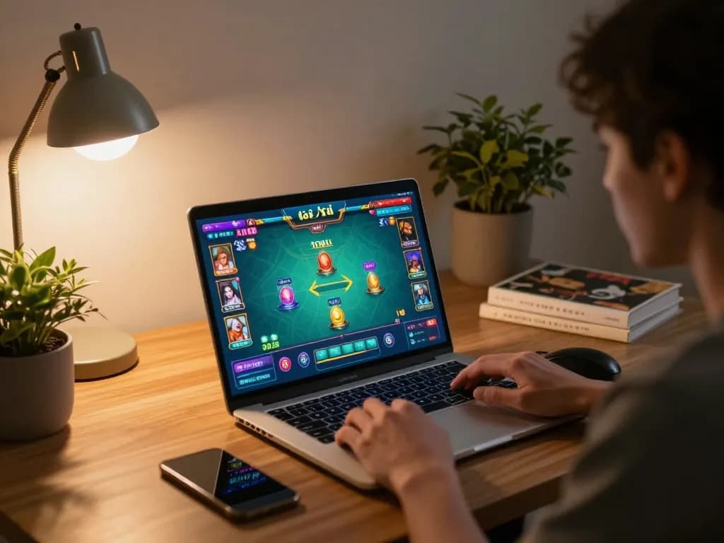 Engaged player participating in a thrilling tài xỉu online game on a laptop, reflecting the excitement of online gambling.