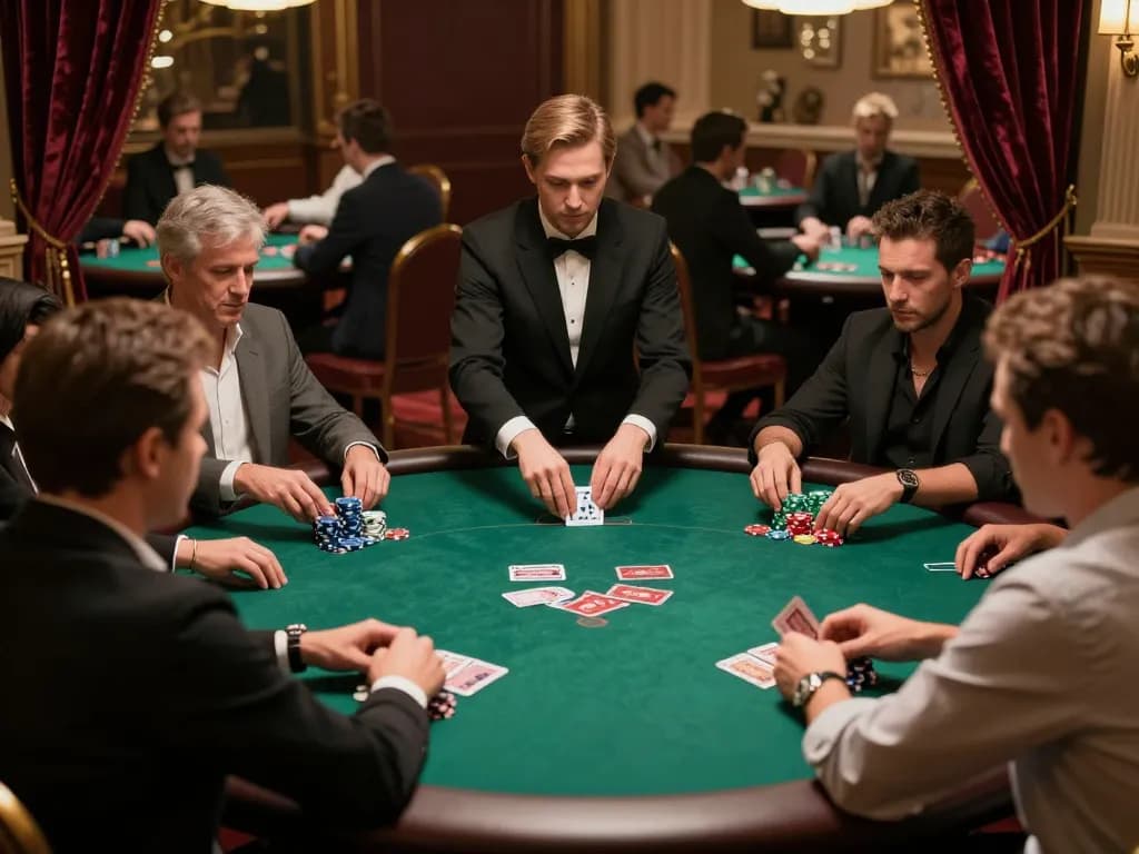 Players strategizing in a high-stakes poker game at HD88 casino, showcasing a thrilling gambling moment.