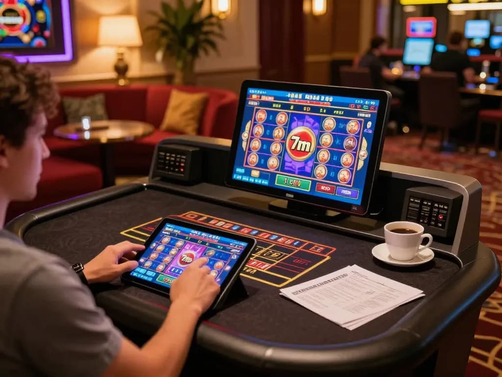 Engaging with a 7m slot game interface on a tablet in a cozy online casino setup