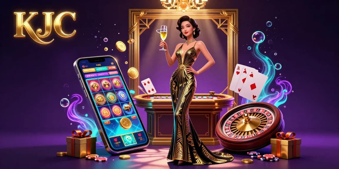 KJC offers an immersive casino experience with a glamorous Asian woman celebrating wins amidst vibrant gaming elements.