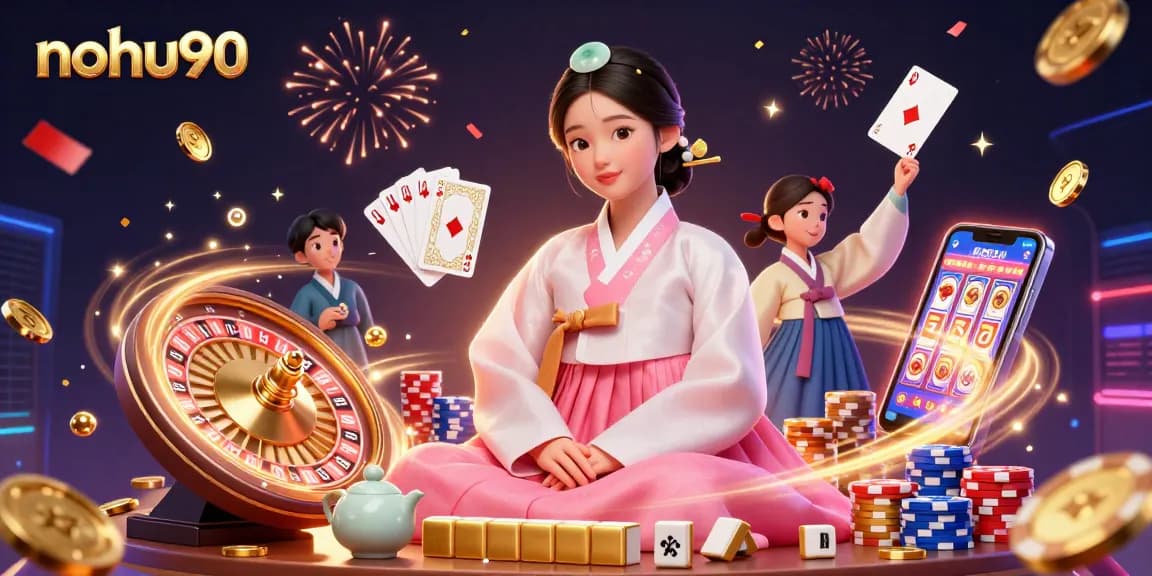 Nohu90 showcases a captivating casino scene with an elegant Asian woman, dynamic slot reels, and luxurious game elements.