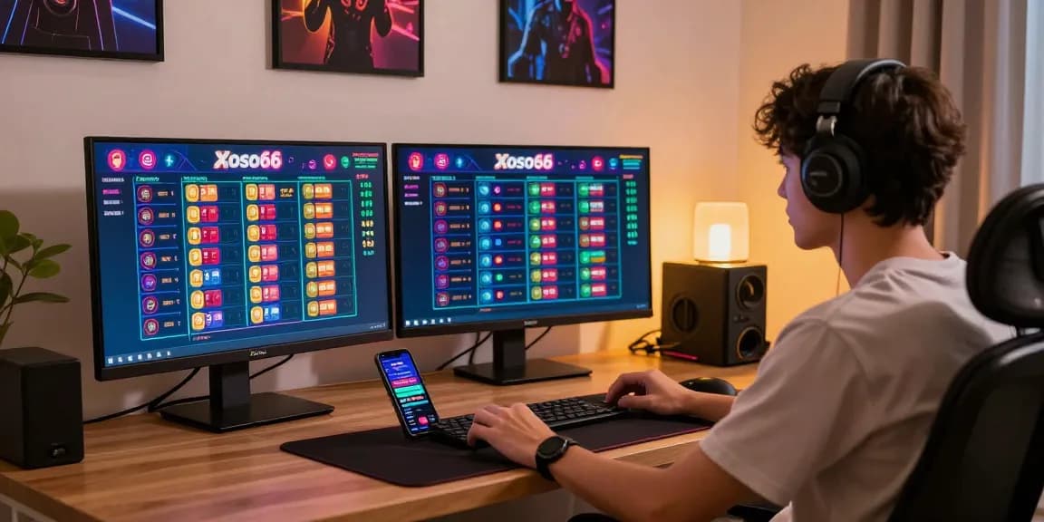 Xoso66 user engaging in online betting activities at a modern desk with multiple screens and friendly atmosphere.