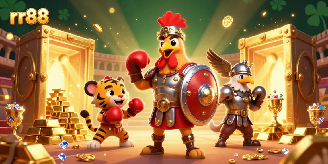 Win big at rr88 with a vibrant 3D scene showcasing dynamic casino elements and a gladiator rooster.