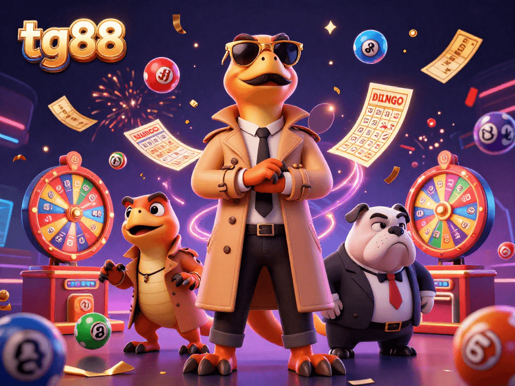 Experience tg88's vibrant gaming scene with cartoon raptors in a trench coat at a VIP casino lounge.