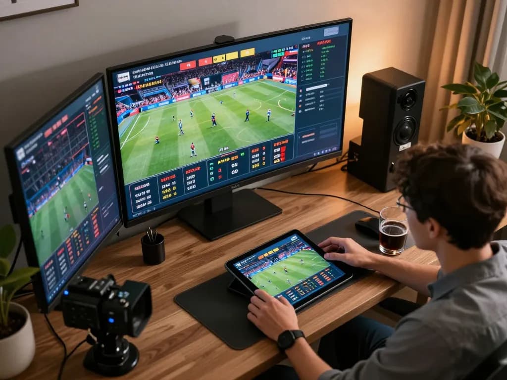 Engaged player using gen-e platform to place bets on live sports events in a stylish home office setting