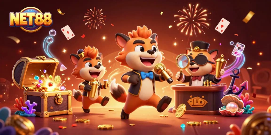 Experience the fun and vibrant atmosphere of NET88's casino club featuring animated hyenas.