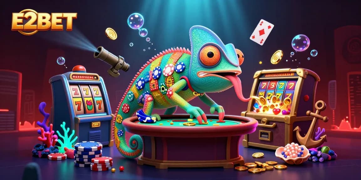 E2BET chameleon casino owner amidst dynamic slot gaming elements and underwater treasures.