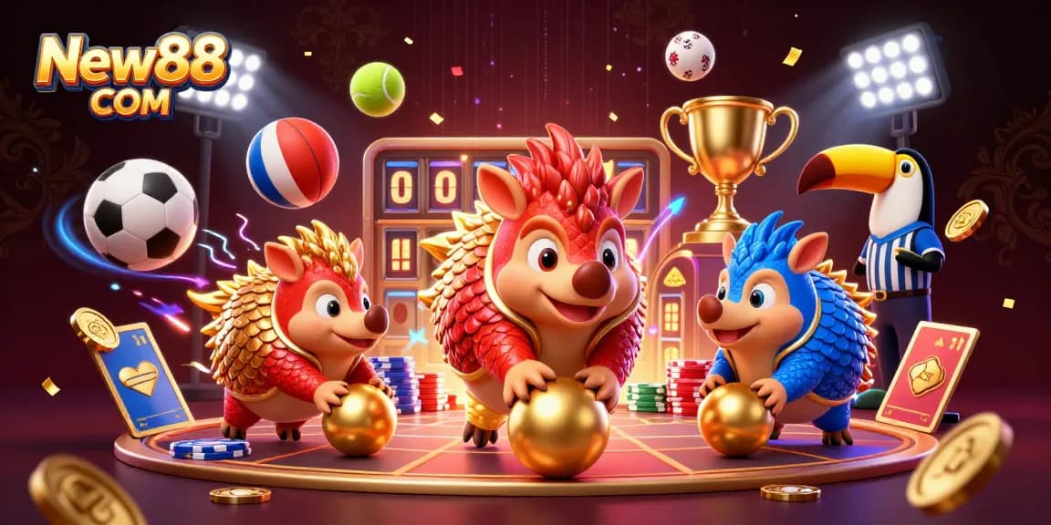 Experience thrilling gaming at New88 COM with rival pangolins bowling through poker chips in a vibrant casino scene.