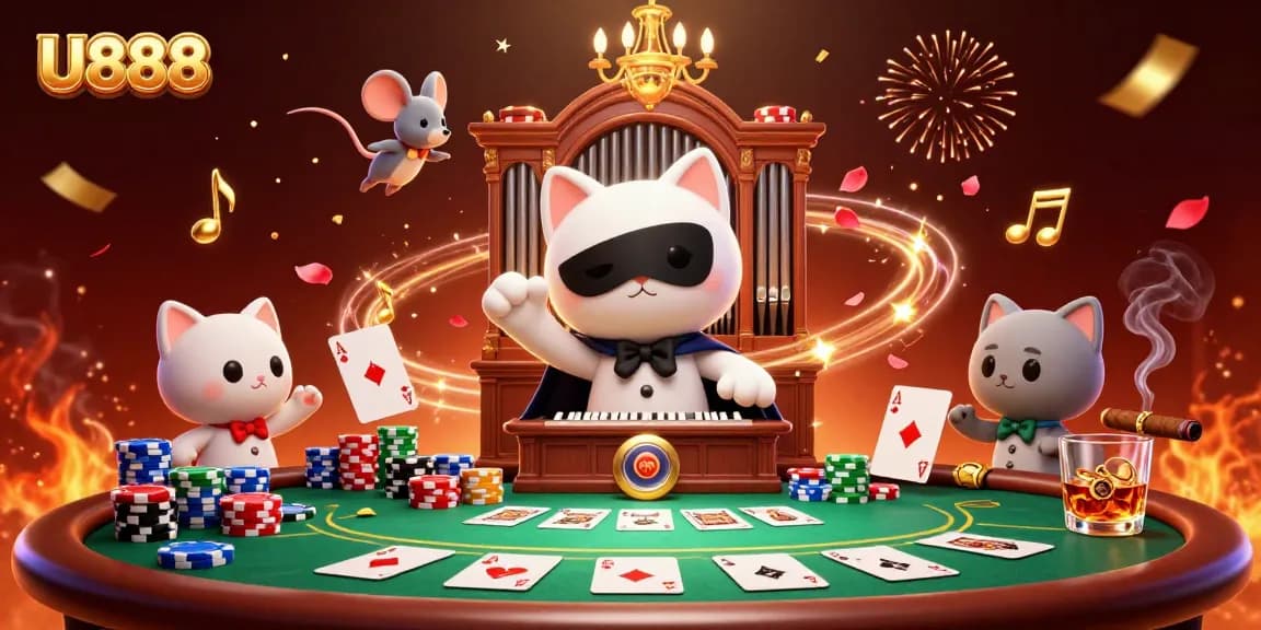 Experience the excitement of U888 as a phantom cat plays at a vibrant casino organ.