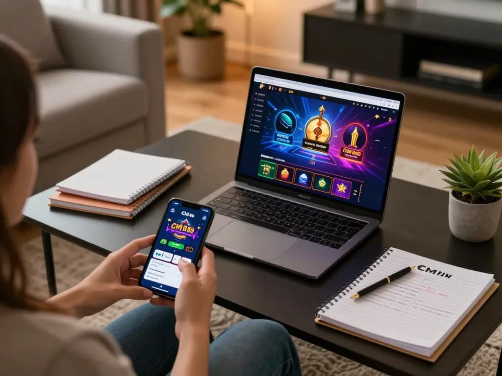 Engaging with cm 88 casino games on a stylish laptop while planning strategy with notes.