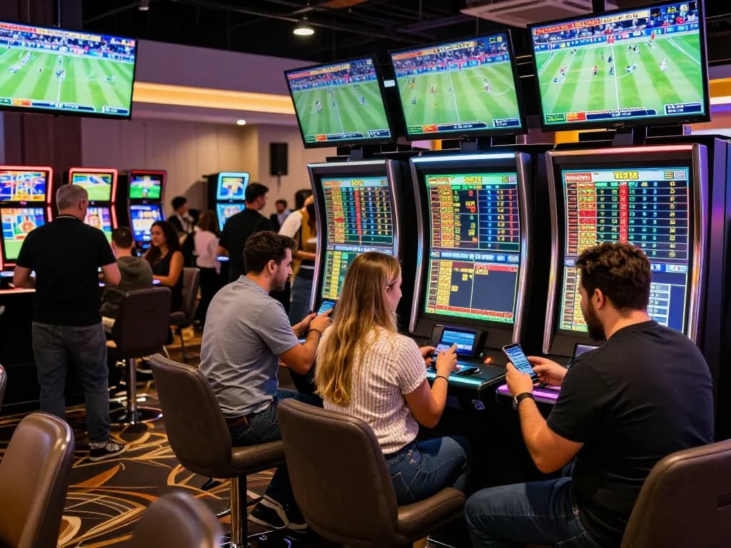 Engaged bettors using smartphones to place bets on rokok 88 sports events at a busy casino.