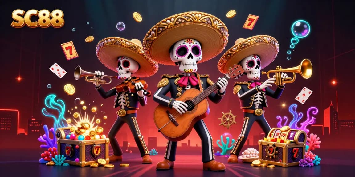 Engage with SC88's vibrant casino experience featuring mariachi skeletons amidst jackpot slots and ocean treasures.