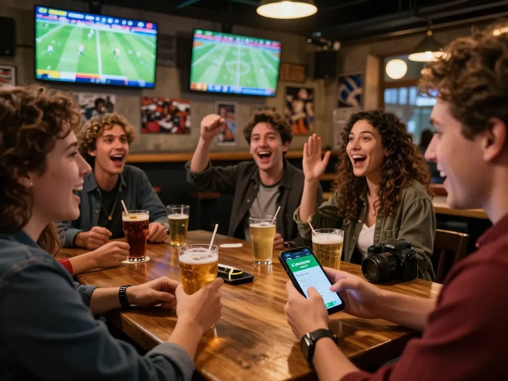 Cakhia app user placing bets while watching live football in a vibrant sports bar setting.