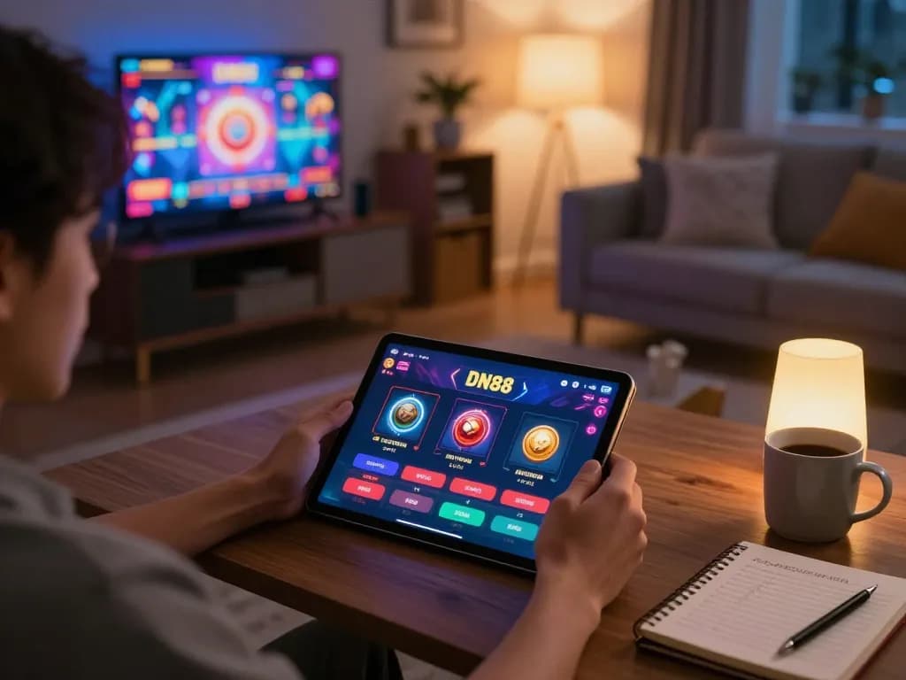 Player experiencing DN88's online casino app in a cozy living room setting