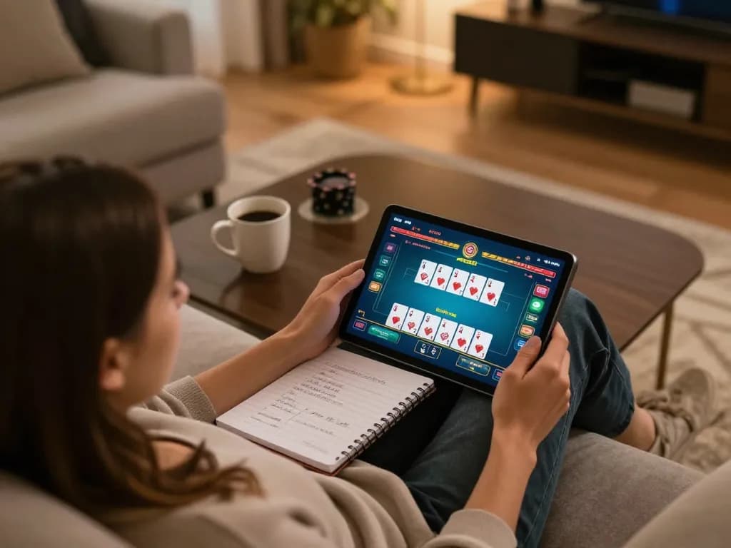 Engaging in a poker game on go8 from a comfortable home setup while planning strategies