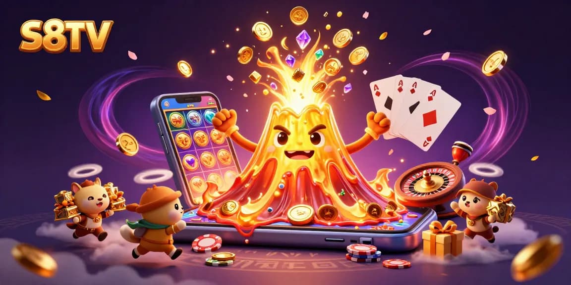 S8TV captures thrilling moments of sports betting with an erupting golden volcano and treasure-filled escapade.