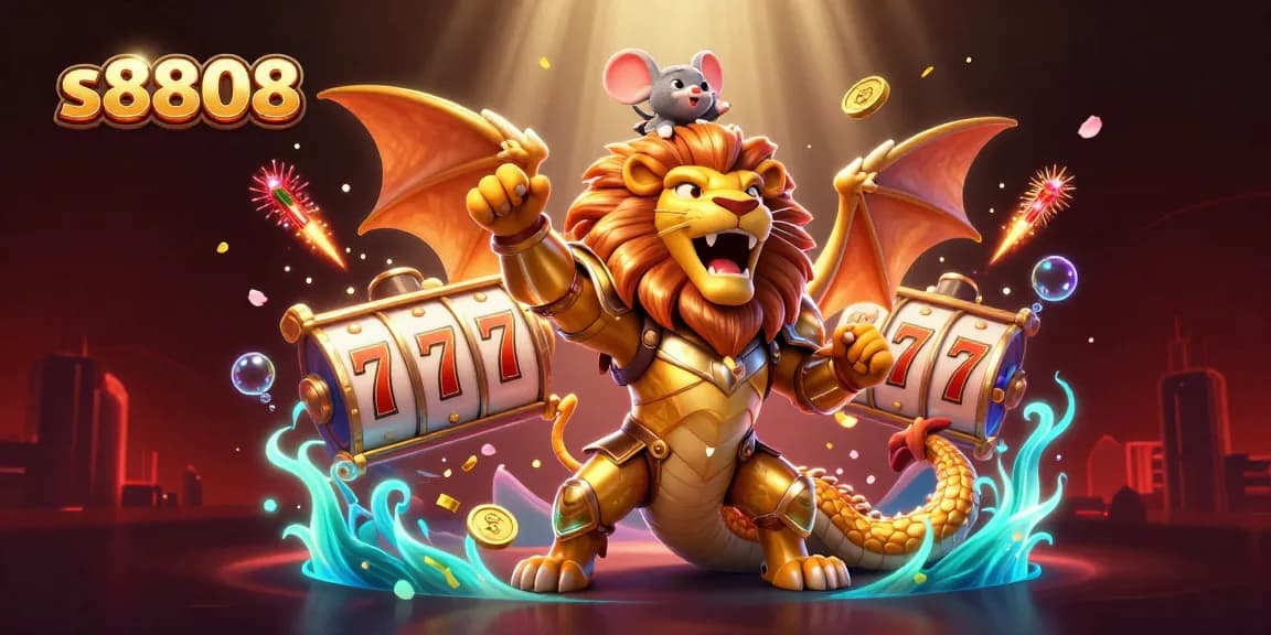 Experience thrilling moments at s8808 with a vibrant illustration of a mythical chimera conquering casino games.
