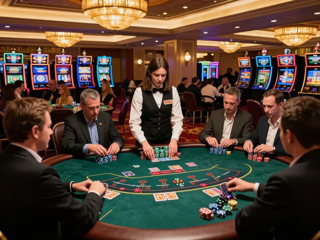 Engaged players strategizing at a blackjack table while experiencing debet betting action within a luxury casino setting