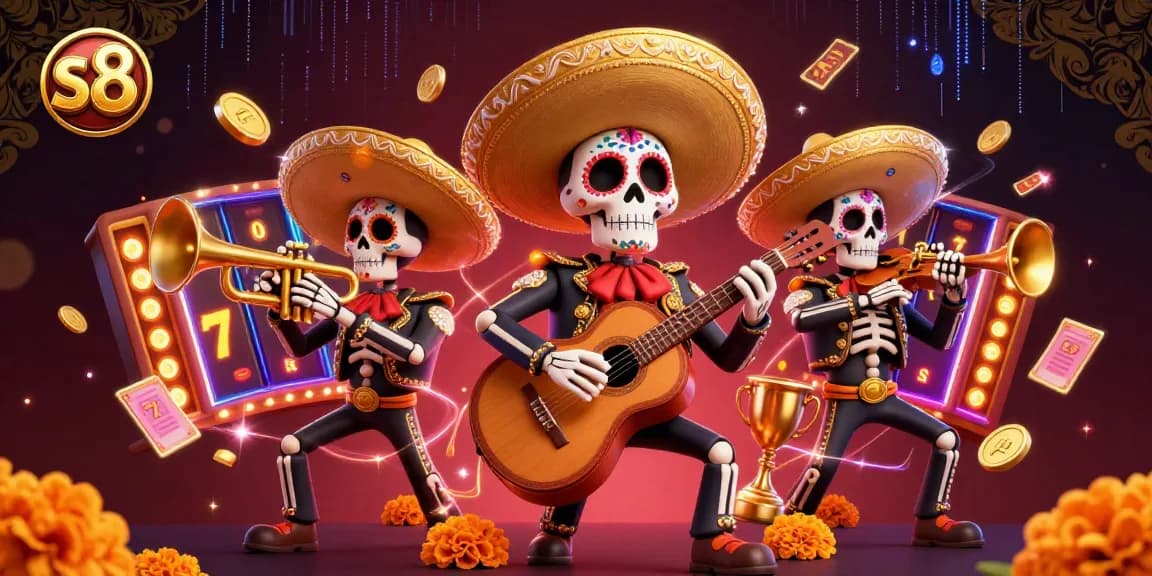 Experience thrilling gameplay at s8 with a vibrant 3D illustration of our colorful mariachi band.