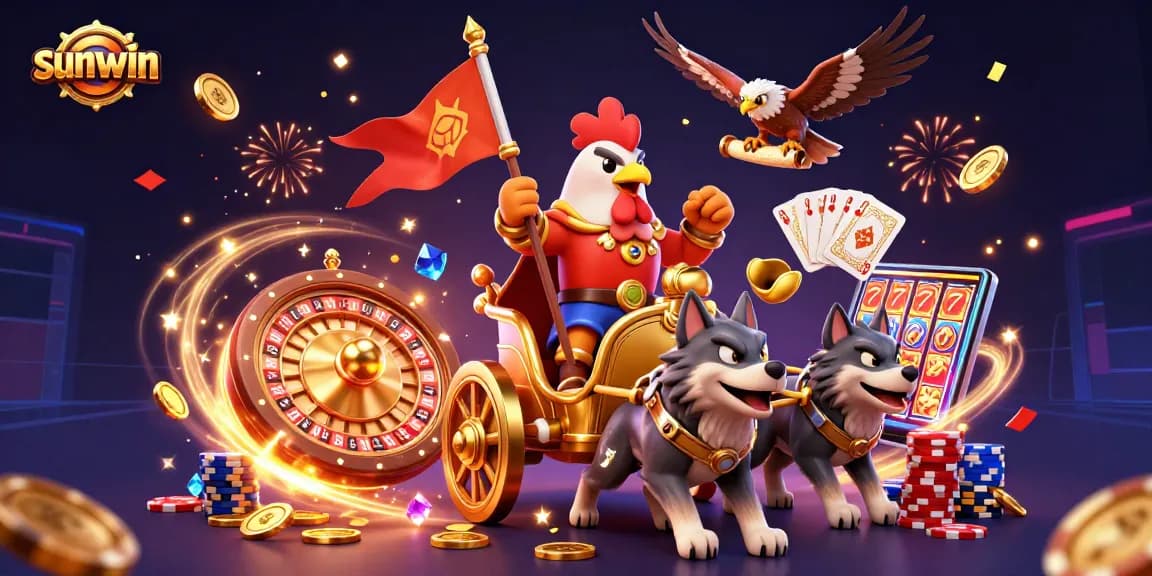 Experience sunwin's online gaming excitement with vibrant visuals of a 3D rooster warlord in action.