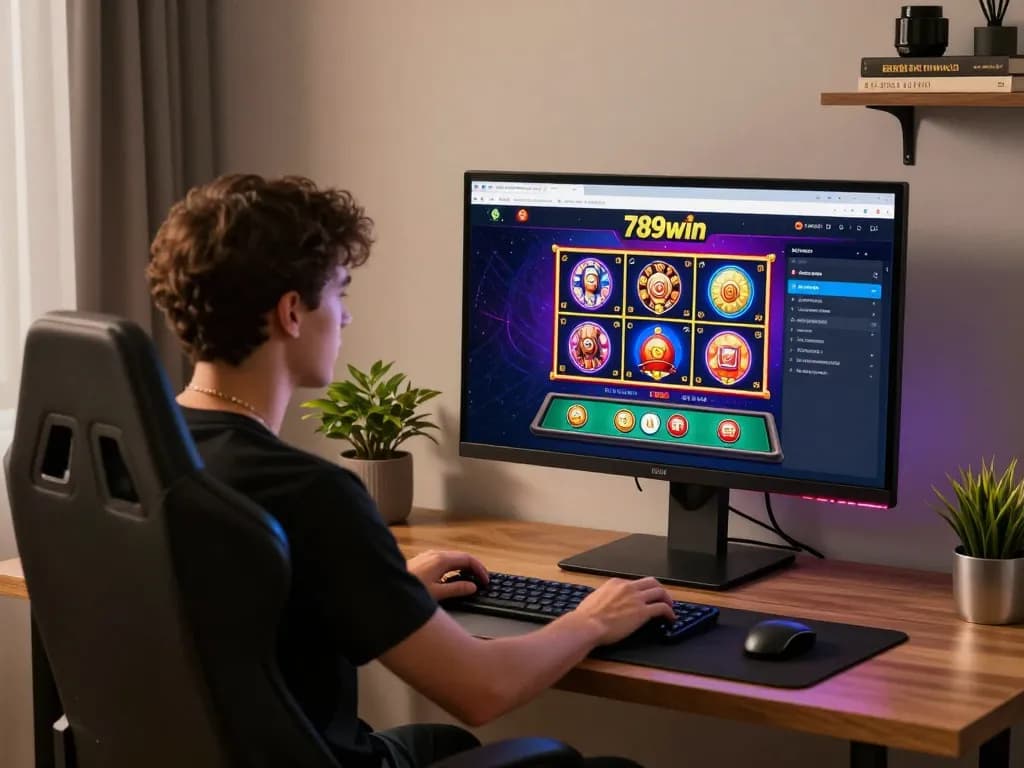 Engaged player exploring 789win casino games on a modern home office setup, showcasing online gambling.