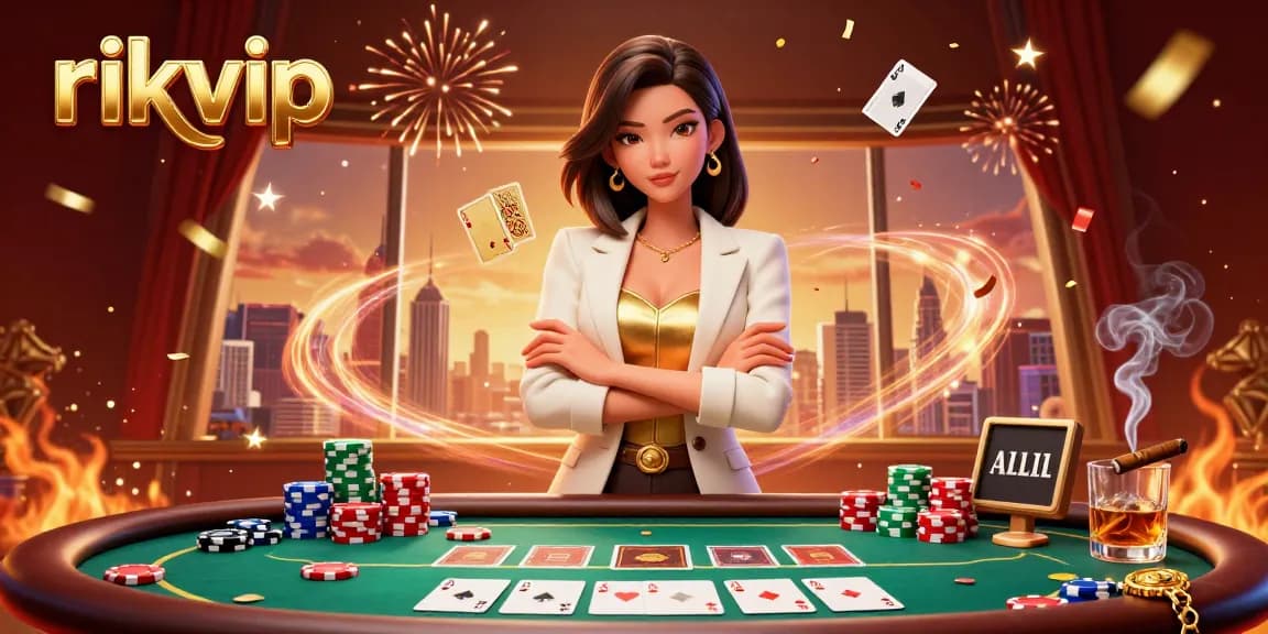Experience thrilling gameplay at rikvip with a powerful businesswoman holding golden cards amidst vibrant casino elements.