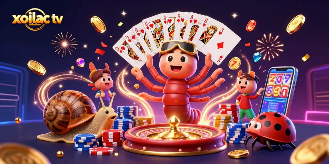 Xoilac TV showcases a thrilling scene of vibrant characters and casino elements, capturing live gambling excitement.