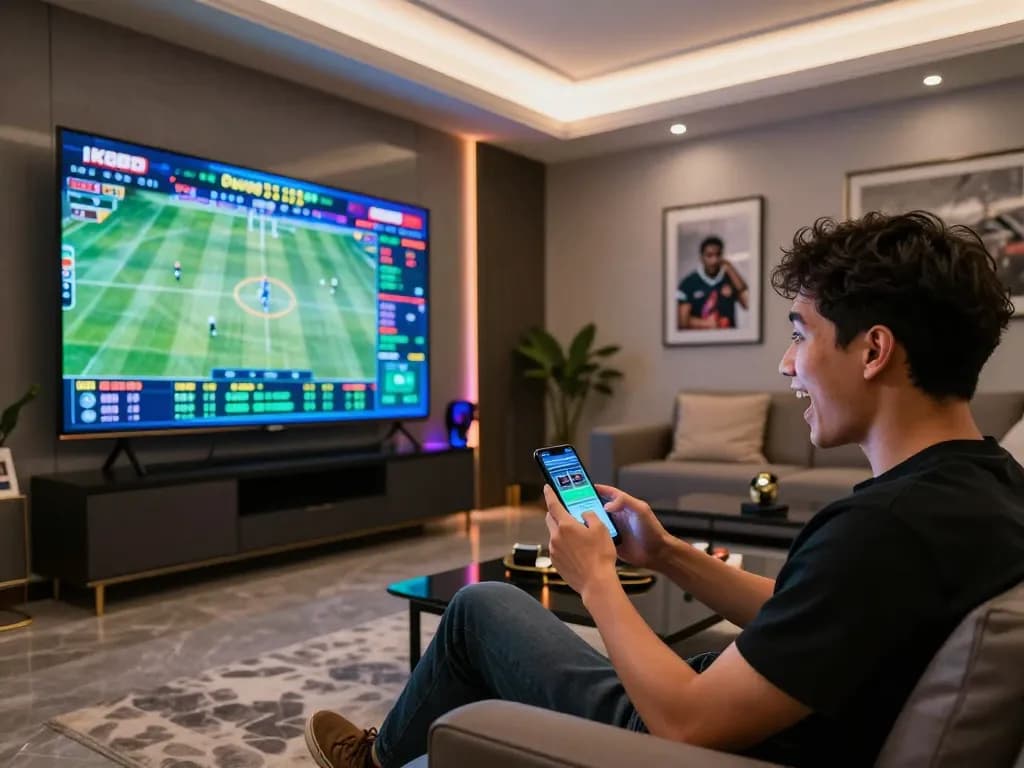 KQBD sports betting expert analyzing live games and odds at home, surrounded by technology and excitement.