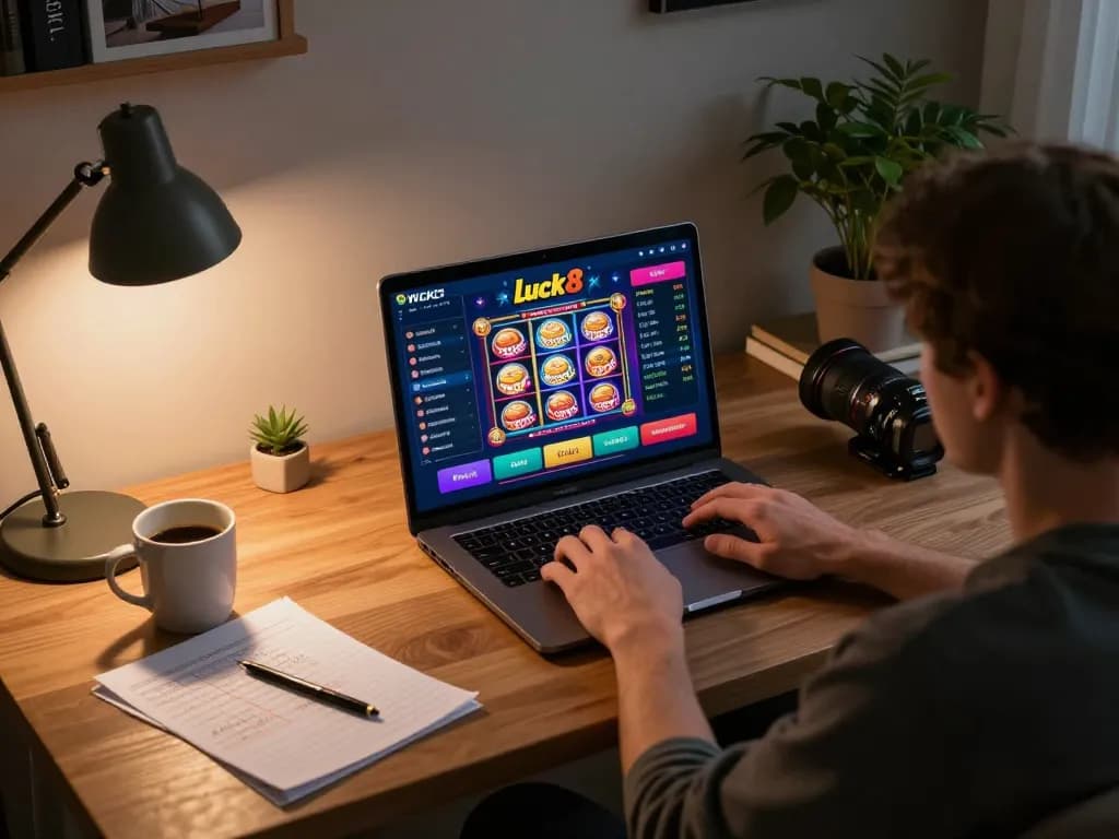 Engaging player utilizing the luck8 online casino platform on laptop, showcasing vibrant gaming interface.
