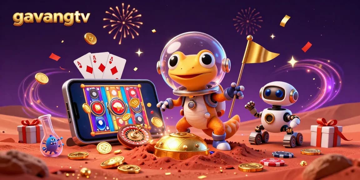 Experience excitement with gavangtv's Martian gecko discovering a golden casino amidst vibrant imagery.