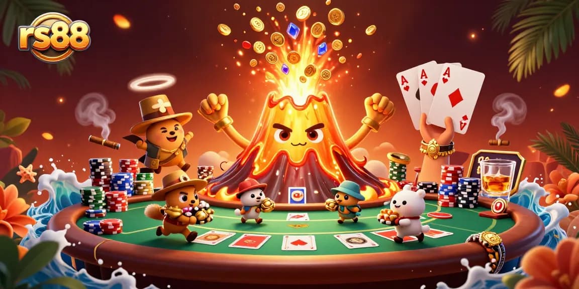 Experience the vibrant excitement with rs88, featuring a golden volcano and treasure in a casino setting.