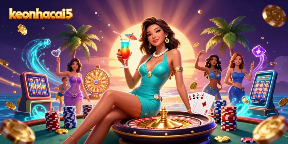 Experience the thrill of gaming with keonhacai5, featuring glamorous casino elements in a vibrant tropical scene.