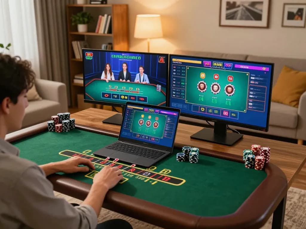 79KING player enjoying blackjack at home with engaging online game interface and cozy atmosphere.