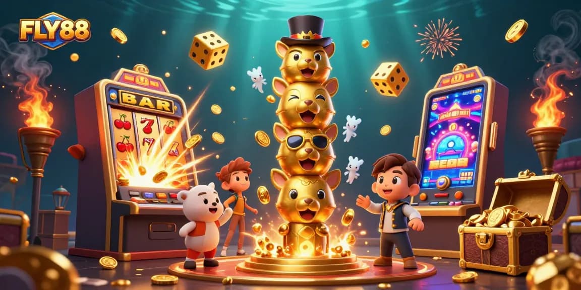 Experience the excitement of FLY88 with vibrant gaming elements and top-tier graphics in this captivating 3D illustration.