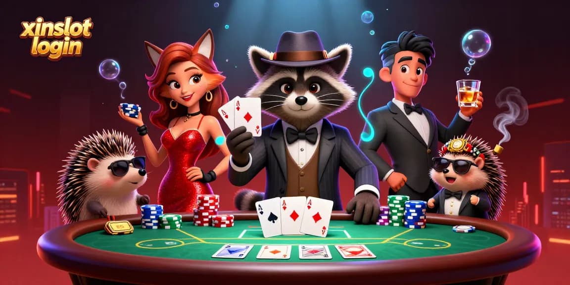 Experience the vibrant xinslot login scene with engaging casino characters and dynamic poker elements.