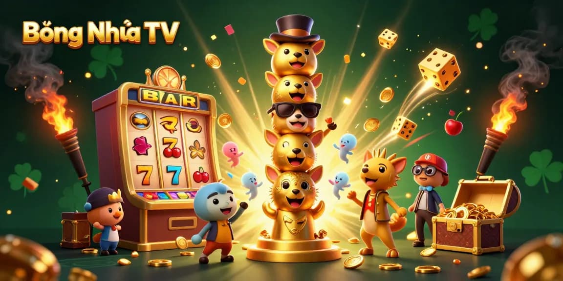 Bóng Nhựa TV brings excitement with a vivid 3D casino scene showcasing a golden totem pole and bursting slot machine.