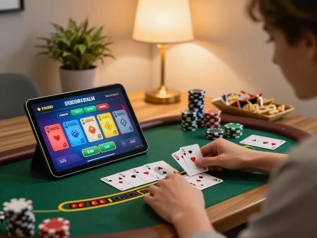 Player engaged in live dealer game on tablet, enjoying a strategic moment at home with sky88