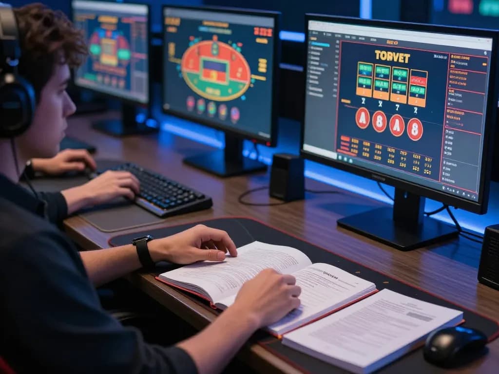 Player analyzing casino strategies at online gaming setup while using vu88 for betting insights.