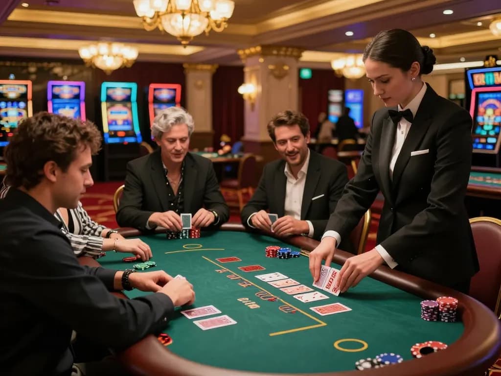 Players engaging in strategic blackjack gameplay at a luxury casino featuring sunwin themed decor and a lively atmosphere.
