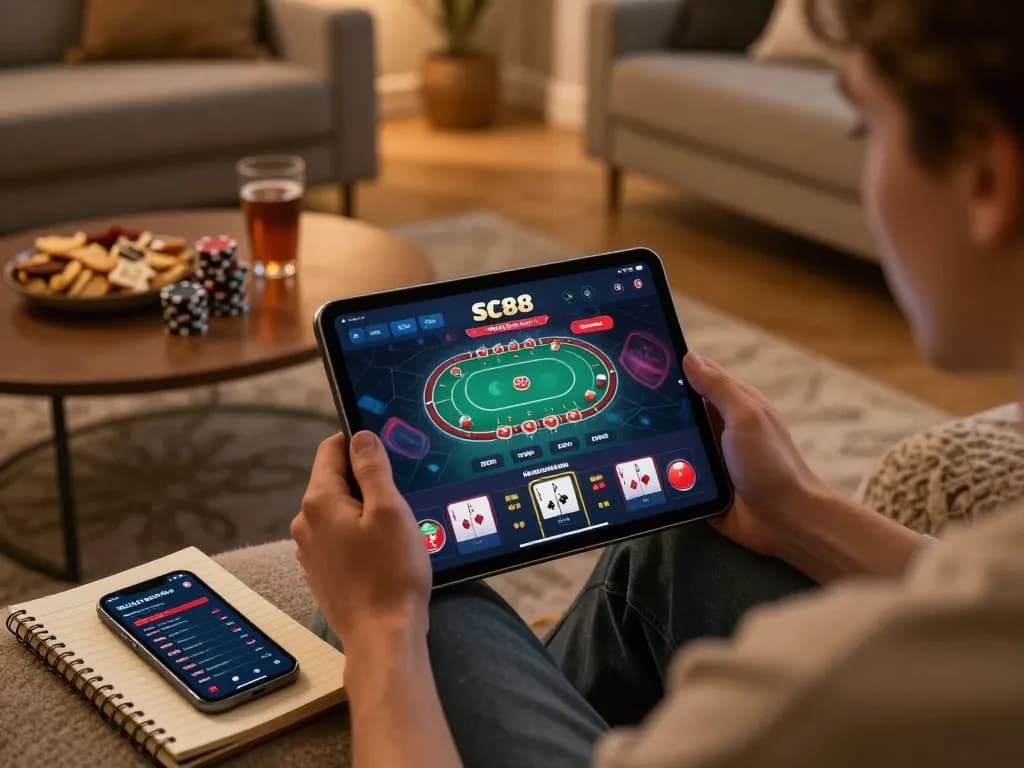 Player enjoying an online SC88 casino experience on a tablet in a cozy living room setting