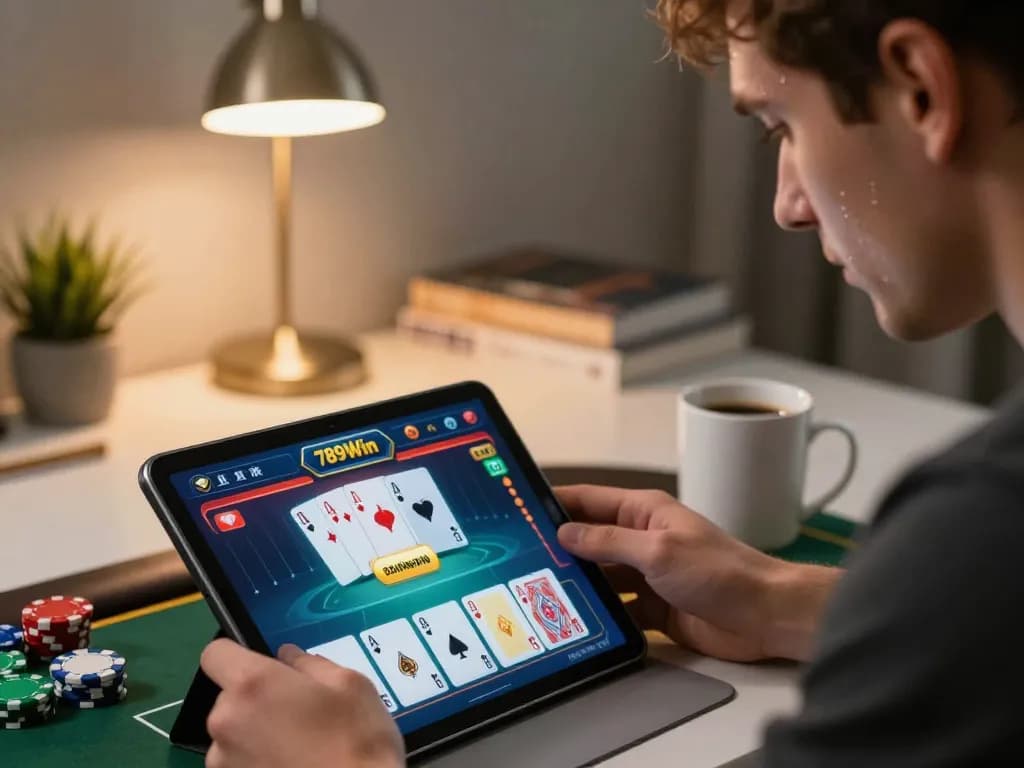 Player immersed in online poker action on a tablet with 789Win displayed on the screen.