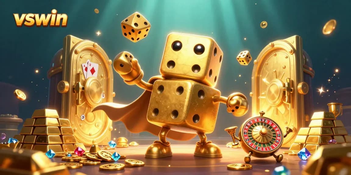 Experience the excitement of vswin with dynamic golden dice, spinning roulette, and sparkling treasures in this vibrant 3D illustration.