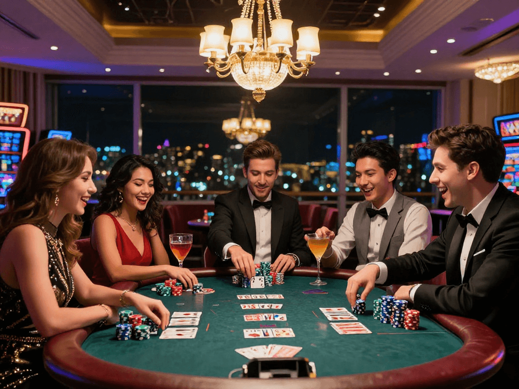 KOMBET168 poker celebration at an upscale casino with friends enjoying cocktails and vibrant atmosphere.