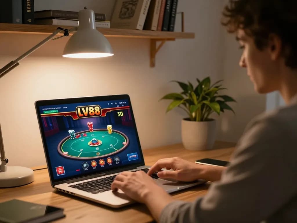 Player enjoying an exciting LV88 online poker game from home with strategic focus